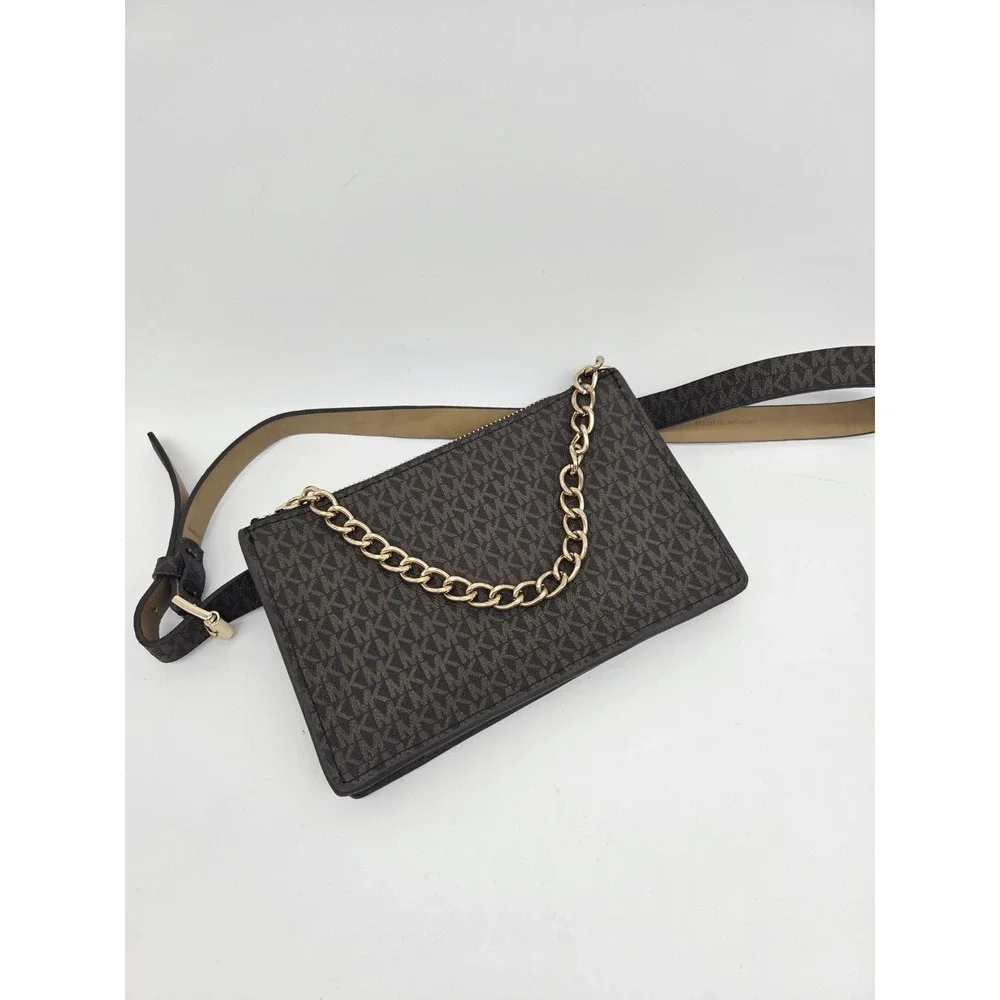 Michael Kors Brown Signature MK Pull Chain Waist Belt Bag Adjustable Gold Pack L
